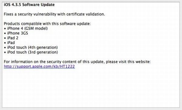 Apple lanza la nueva actualización de seguridad iOS 4.3.5 para iPhone, iPad e iPod 4