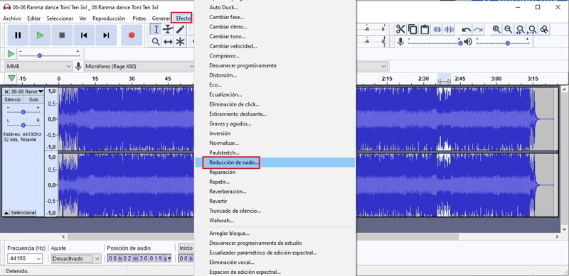 eliminar el ruido ambiente de un audio grabado con Audacity 4