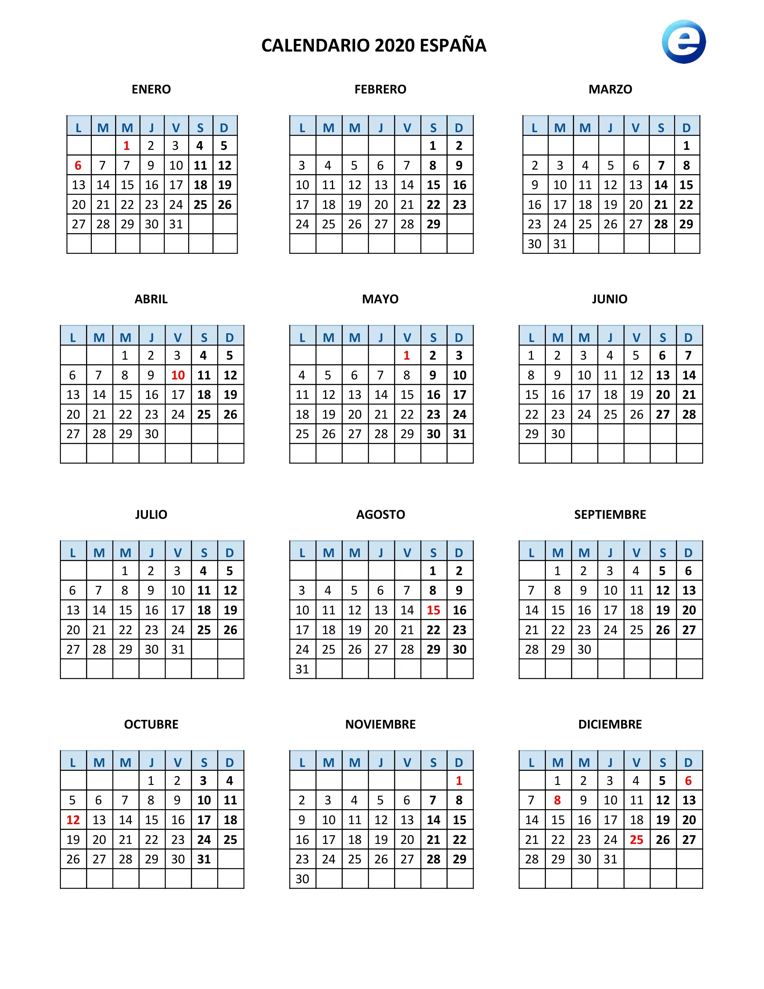 Calendario 2020 En Excel Excel Total