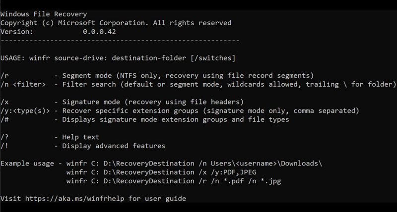 así funciona Windows File Recovery interfaz