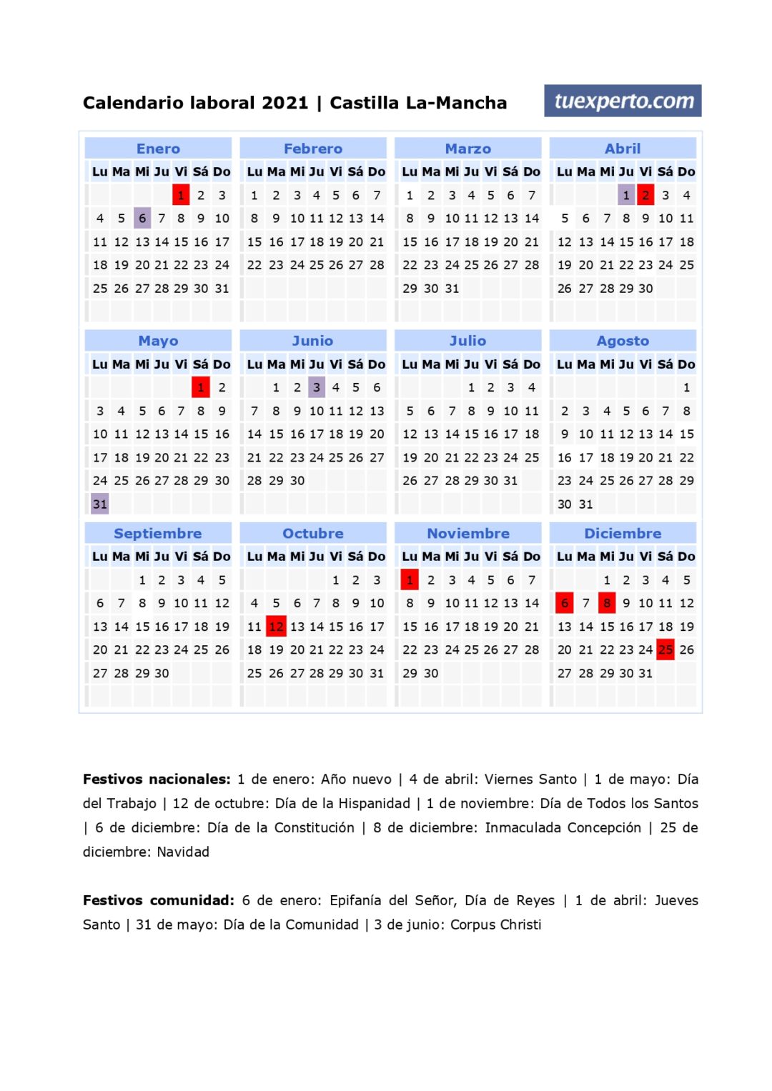 Calendario Laboral 2021, Calendarios Con Festivos Por Comunidad Para ...